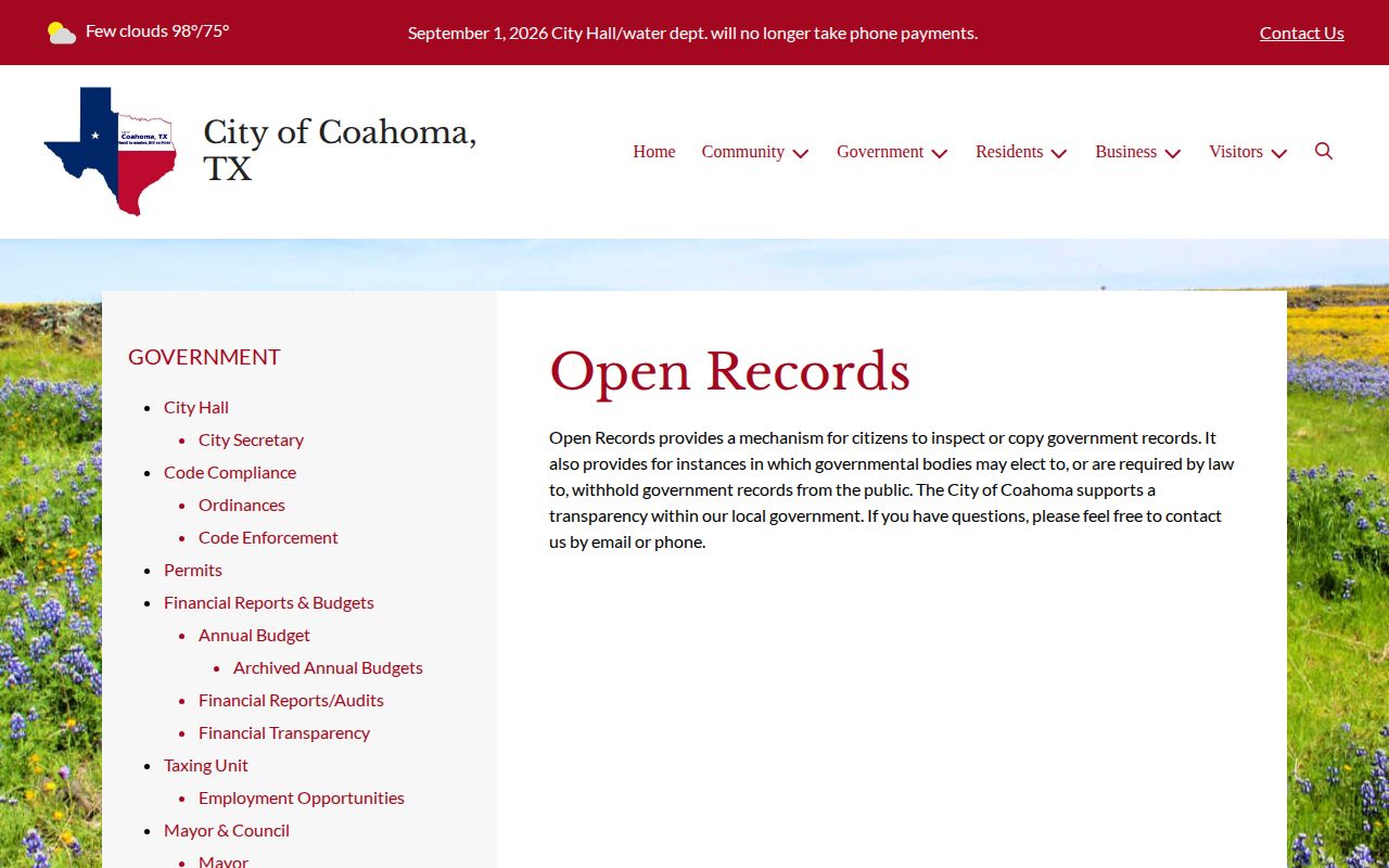 Coahoma open-records page for Howard County booking record requests